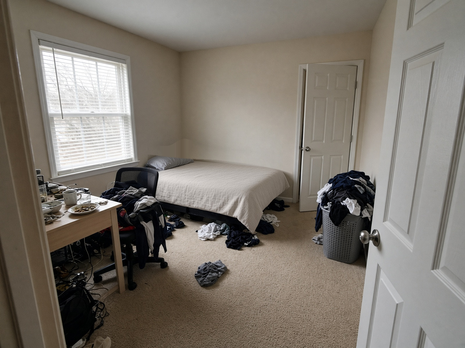 The same rental bedroom with the linen duvet on the bed